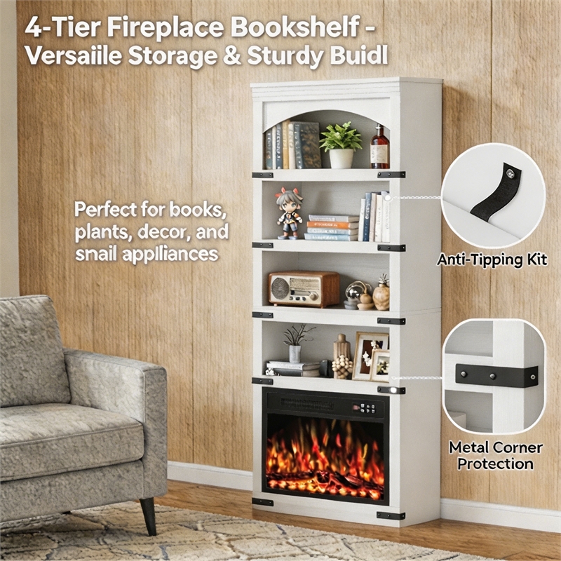 Afuera Living 70-Inch White Arched Bookcase with LED Lights and 5 Shelves