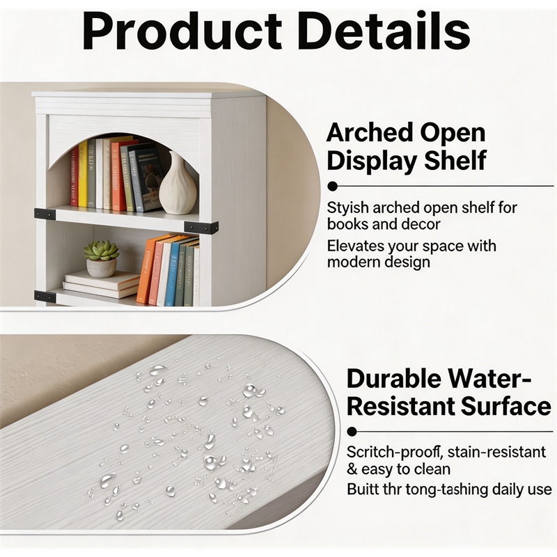 Afuera Living 70-Inch White Arched Bookcase with LED Lights and 5 Shelves