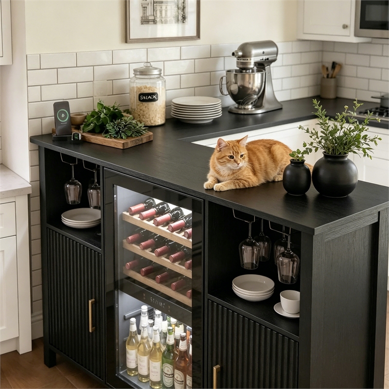 Afuera Living 53-Inch Black Wine Bar Cabinet with Mini Fridge Space