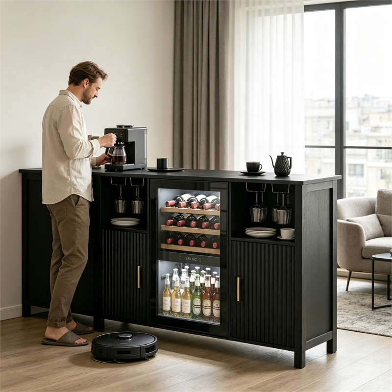 Afuera Living 53-Inch Black Wine Bar Cabinet with Mini Fridge Space