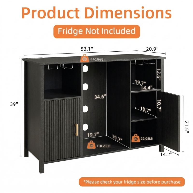Afuera Living 53-Inch Black Wine Bar Cabinet with Mini Fridge Space