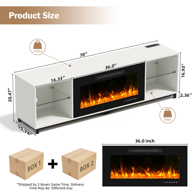 Afuera Living White TV Stand with 36-Inch Electric Fireplace and LED Lights