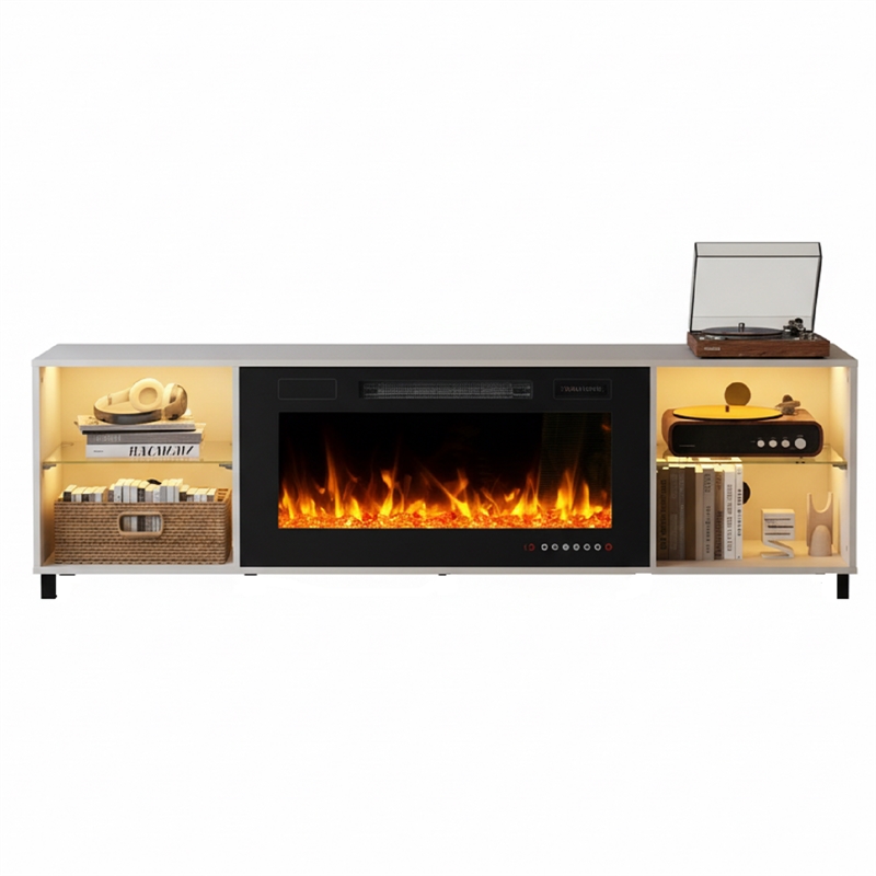 Afuera Living White TV Stand with 36-Inch Electric Fireplace and LED Lights