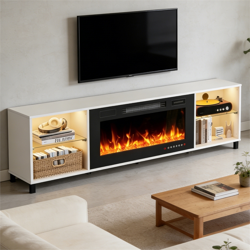 Afuera Living White TV Stand with 36-Inch Electric Fireplace and LED Lights