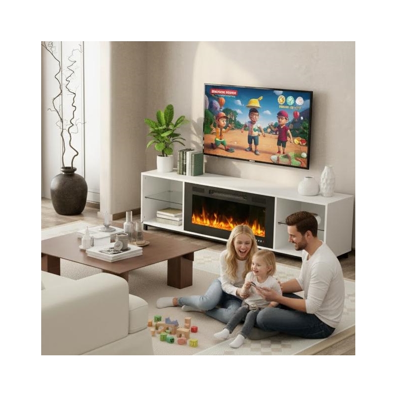 Afuera Living White TV Stand with 36-Inch Electric Fireplace and LED Lights