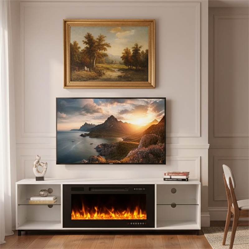 Afuera Living White TV Stand with 36-Inch Electric Fireplace and LED Lights