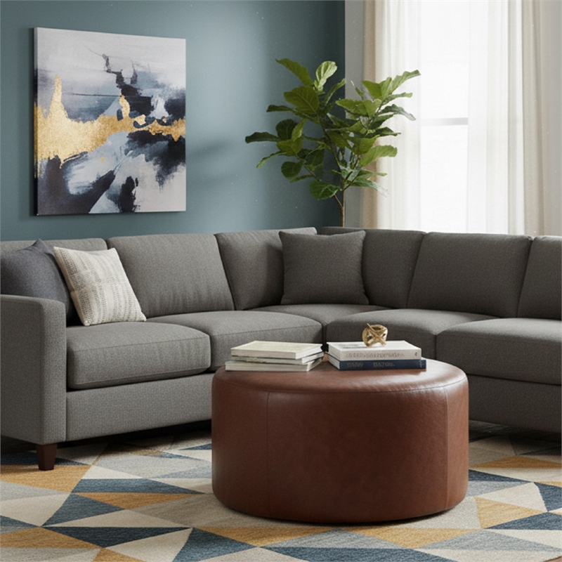 Afuera Living Contemporary 30-Inch Brown Faux Leather Round Ottoman