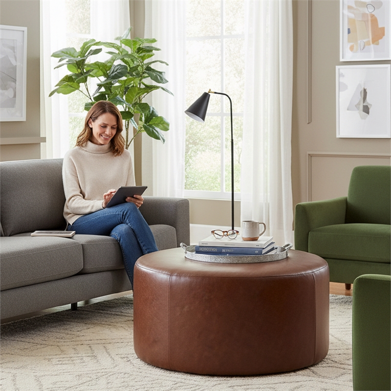 Afuera Living Contemporary 30-Inch Brown Faux Leather Round Ottoman