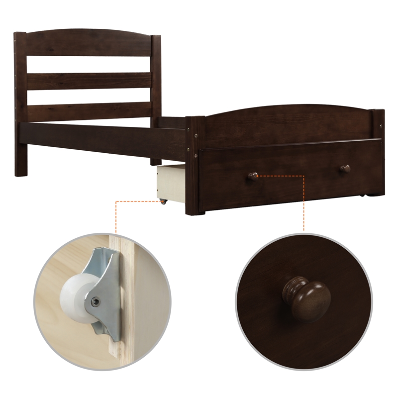 Afuera Living Contemporary Walnut Twin Platform Bed with Storage Drawer