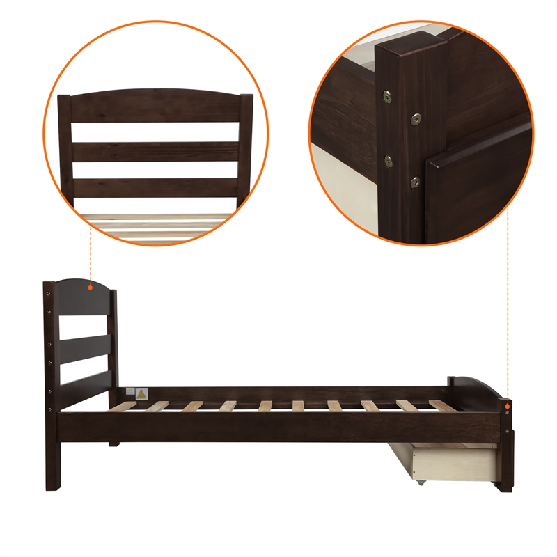 Afuera Living Contemporary Walnut Twin Platform Bed with Storage Drawer