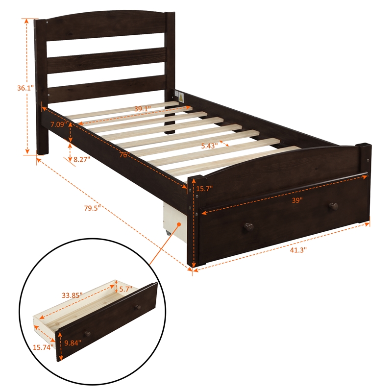 Afuera Living Contemporary Walnut Twin Platform Bed with Storage Drawer