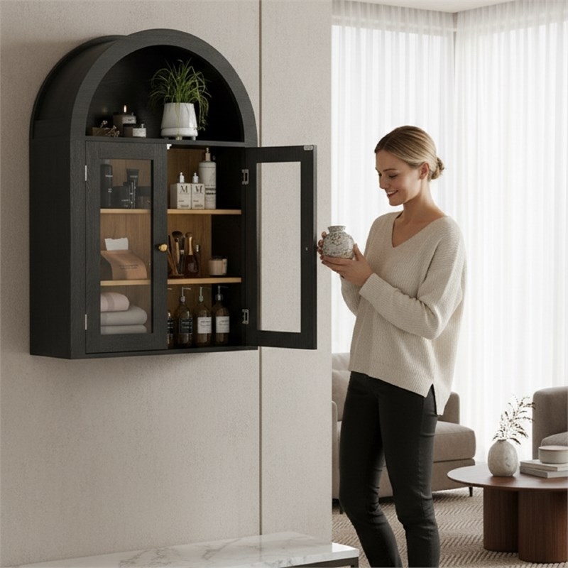 Afuera Living Contemporary Black Arched Wall Cabinet with Glass Doors