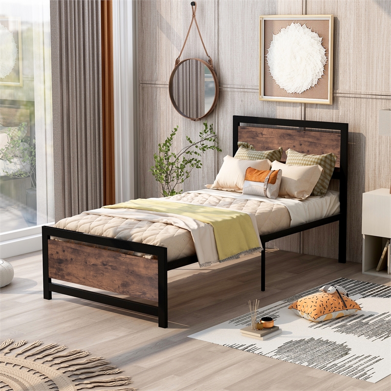 Afuera Living Contemporary Black Twin Metal and Wood Bed Frame