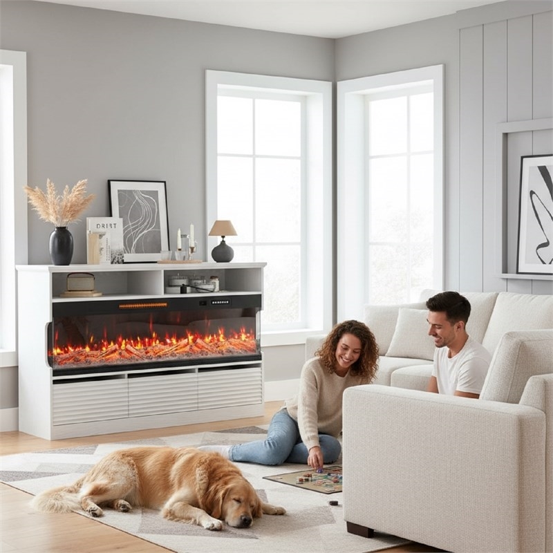 Afuera Living White Fluted TV Stand with 50-Inch Electric Fireplace