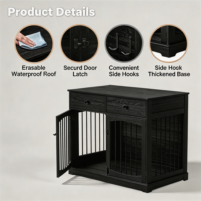 Afuera Living 40-Inch Black Dog Crate Furniture with 2 Drawers