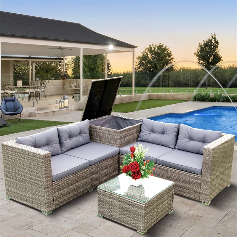 Afuera Living 4-Piece Patio Wicker Rattan Sofa Set with Storage