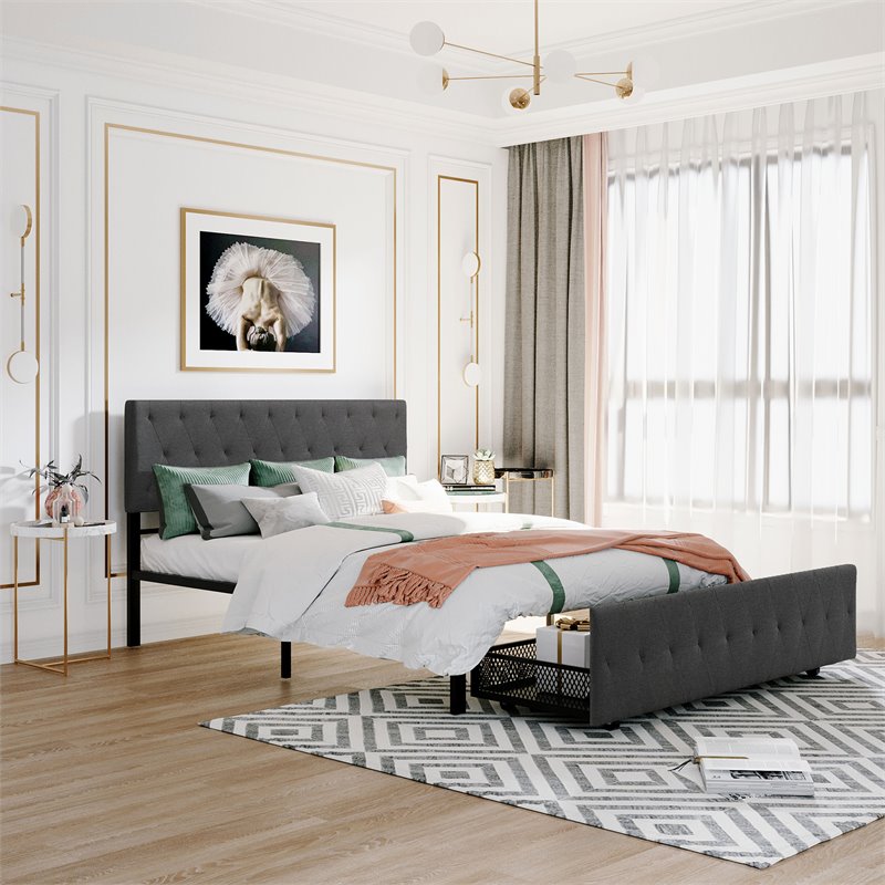 Afuera Living Gray Queen Metal Storage Bed with Linen Upholstery
