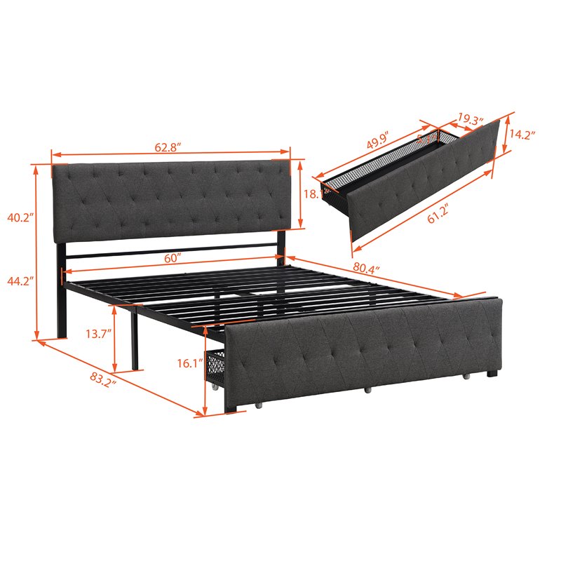Afuera Living Gray Queen Metal Storage Bed with Linen Upholstery