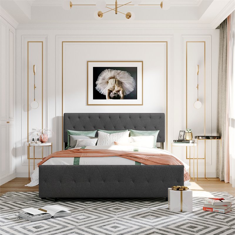 Afuera Living Gray Queen Metal Storage Bed with Linen Upholstery