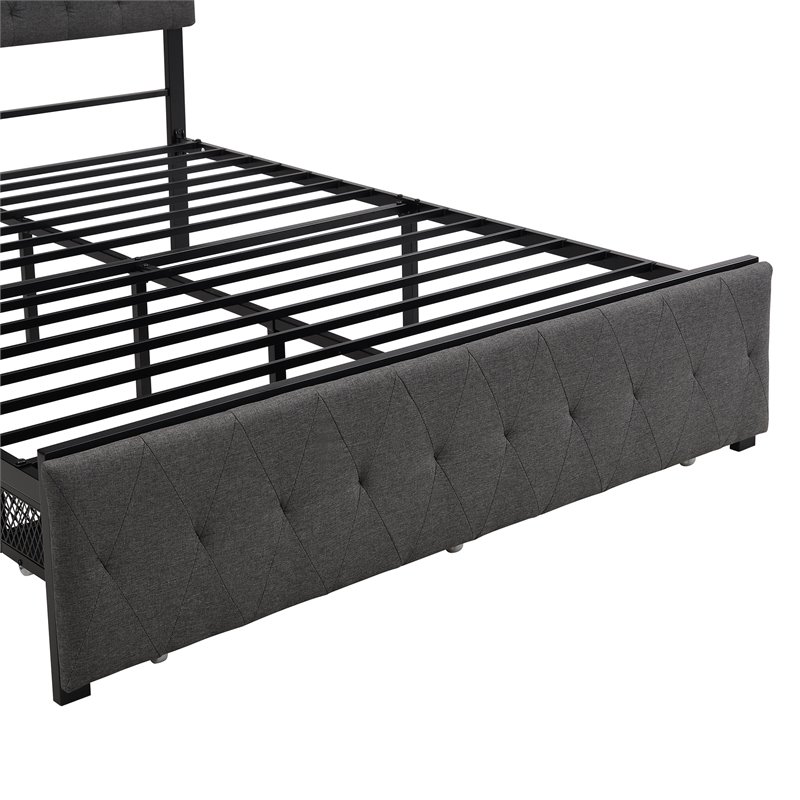 Afuera Living Gray Queen Metal Storage Bed with Linen Upholstery