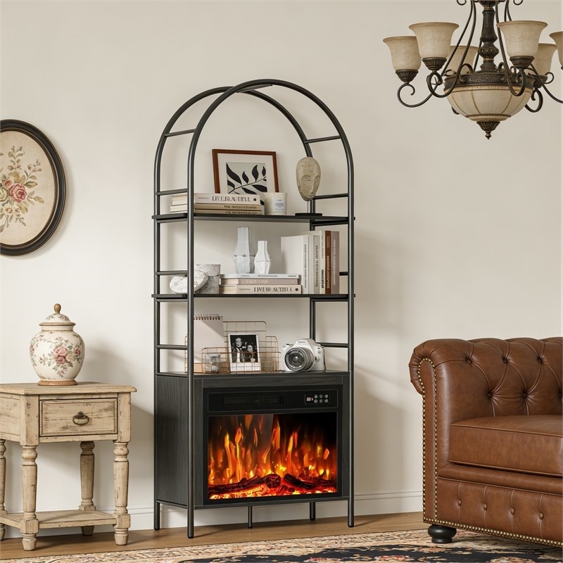 Afuera Living 72-Inch Black Arched Bookshelf with 23-Inch 750W/1500W Fireplace