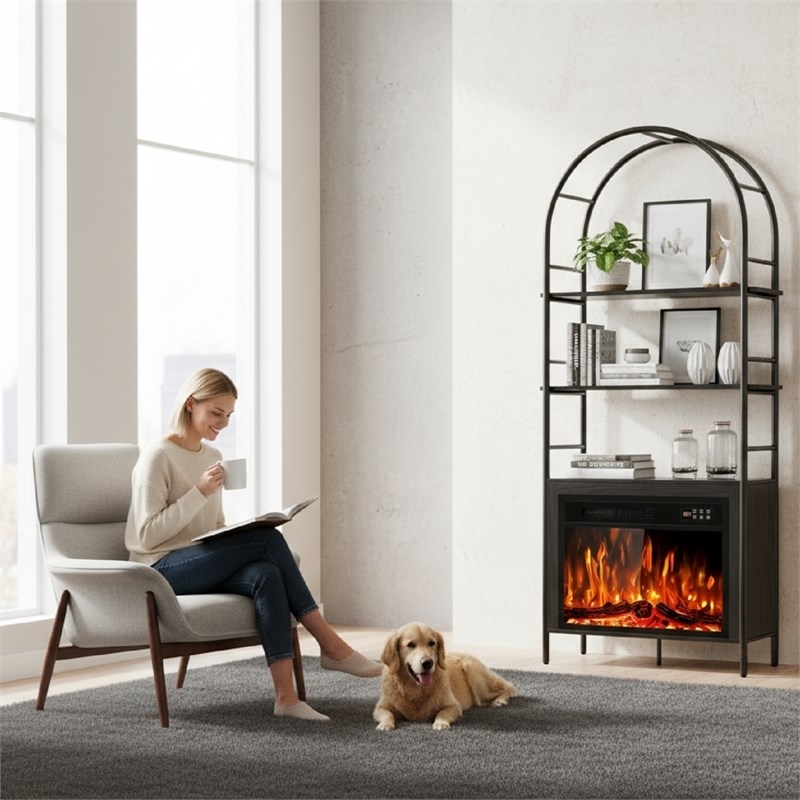 Afuera Living 72-Inch Black Arched Bookshelf with 23-Inch 750W/1500W Fireplace