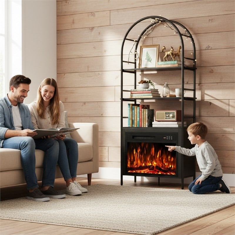 Afuera Living 72-Inch Black Arched Bookshelf with 23-Inch 750W/1500W Fireplace