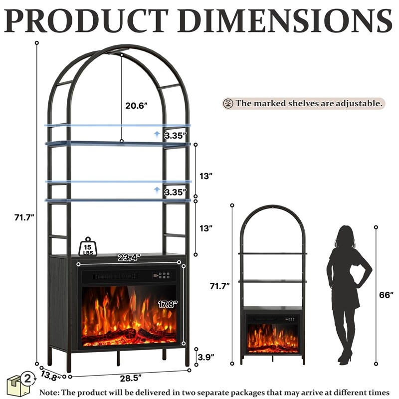 Afuera Living 72-Inch Black Arched Bookshelf with 23-Inch 750W/1500W Fireplace