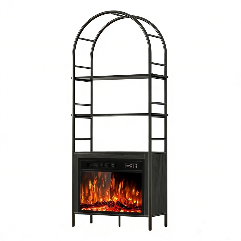 Afuera Living 72-Inch Black Arched Bookshelf with 23-Inch 750W/1500W Fireplace