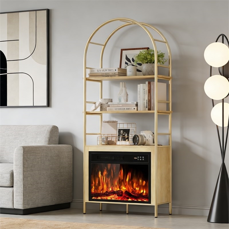 Afuera Living 72-Inch Wood Arched Bookshelf with 23-Inch Electric Fireplace