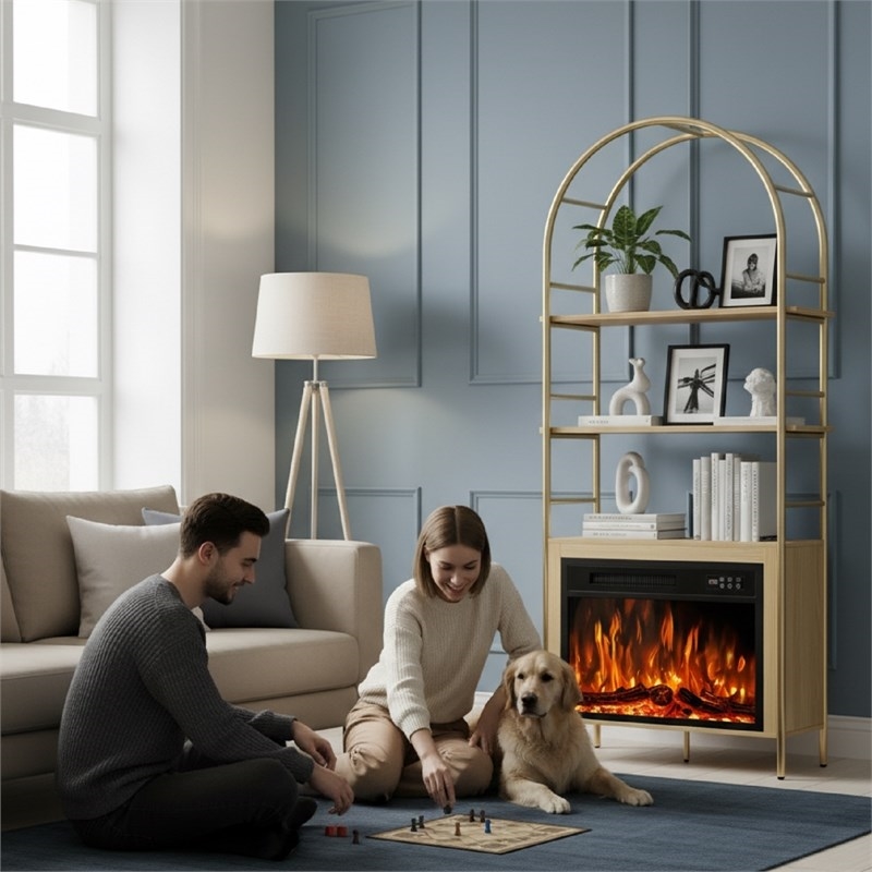Afuera Living 72-Inch Wood Arched Bookshelf with 23-Inch Electric Fireplace