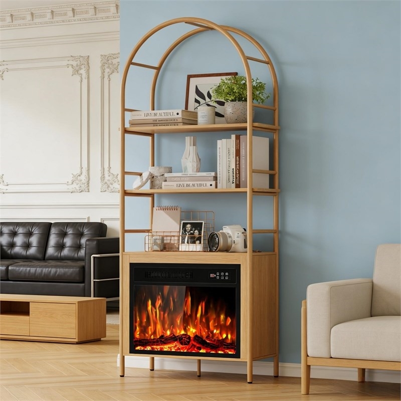 Afuera Living 72-Inch Wood Arched Bookshelf with 23-Inch Electric Fireplace