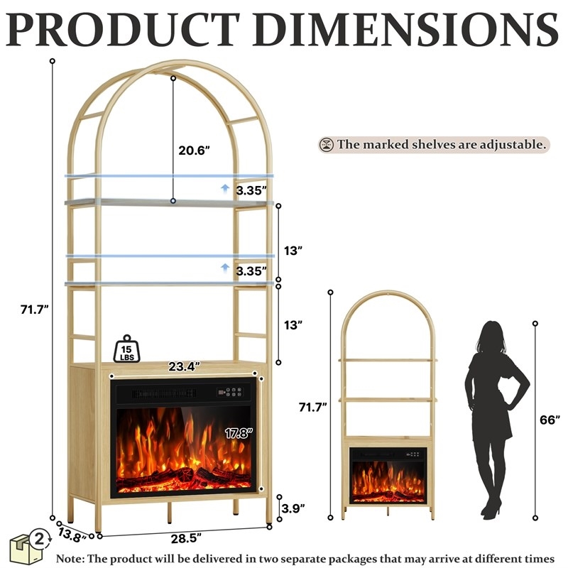 Afuera Living 72-Inch Wood Arched Bookshelf with 23-Inch Electric Fireplace