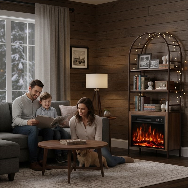 Afuera Living 72-Inch Brown Arched Bookshelf with Electric Fireplace