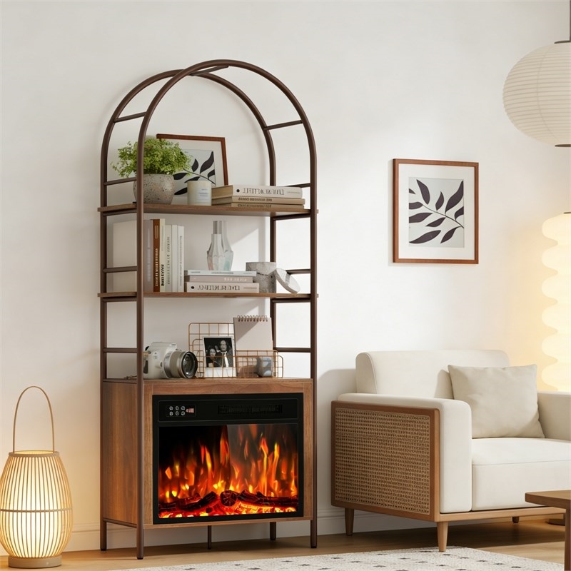 Afuera Living 72-Inch Brown Arched Bookshelf with Electric Fireplace