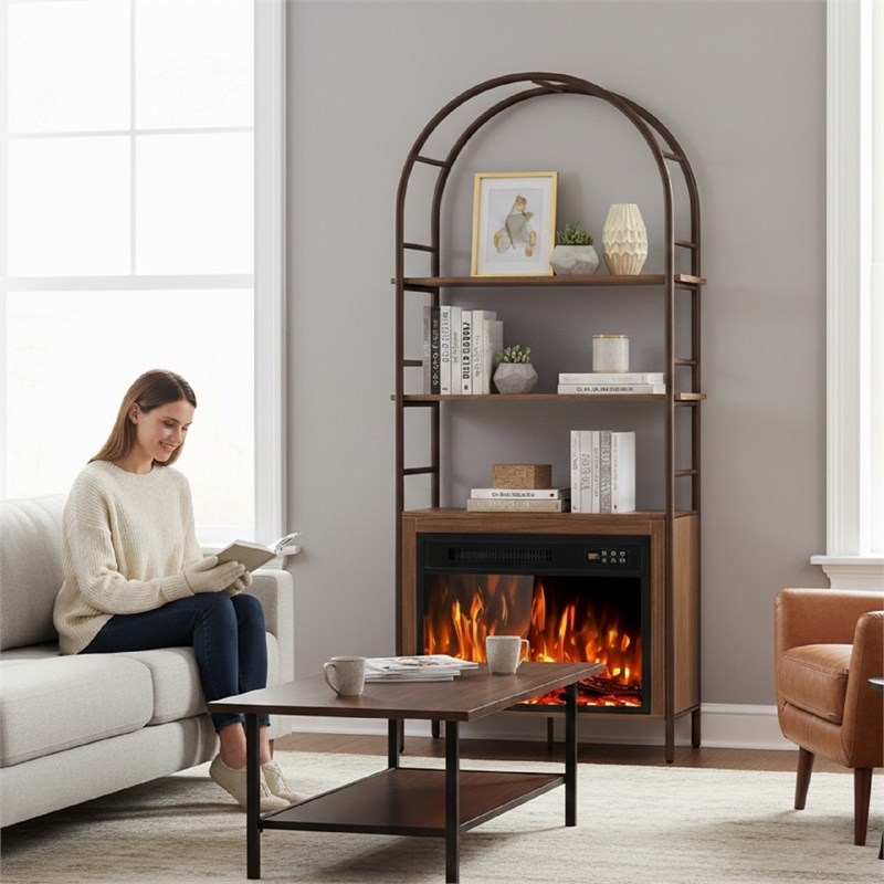 Afuera Living 72-Inch Brown Arched Bookshelf with Electric Fireplace