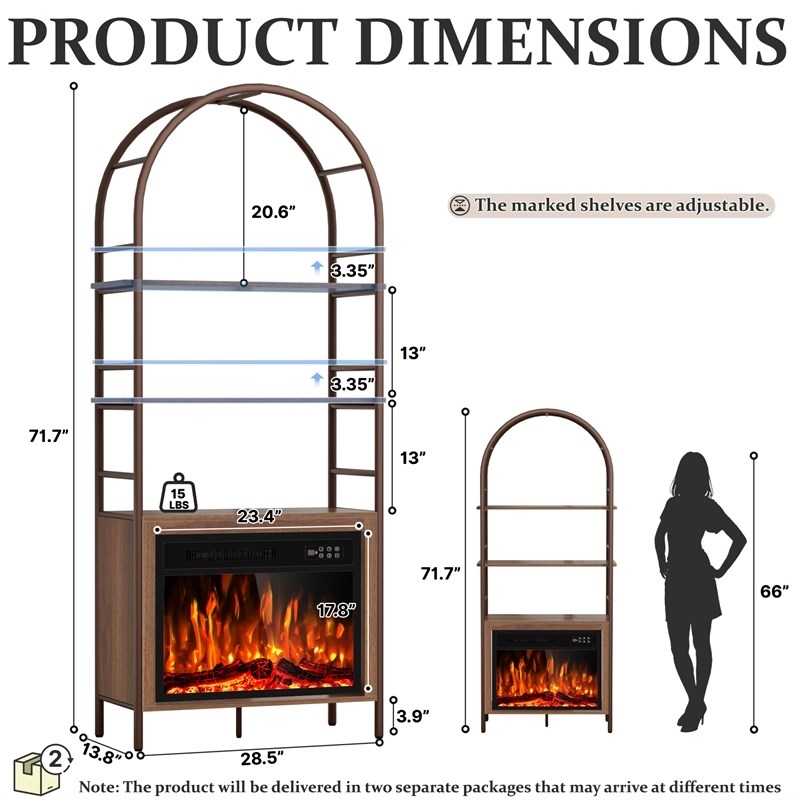 Afuera Living 72-Inch Brown Arched Bookshelf with Electric Fireplace