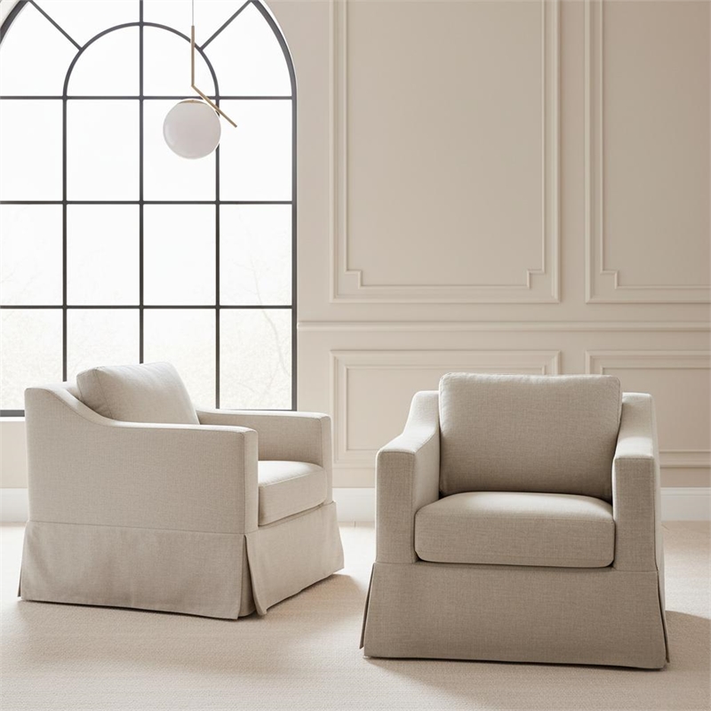 Afuera Living White Linen Swivel Armchair 33.5x38x35 Inches Solid Wood Frame