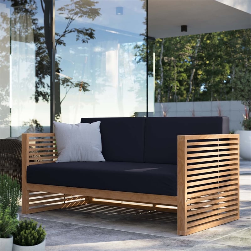 Afuera Living Teak Patio Loveseat with Sunproof Cushions in Navy and Natural