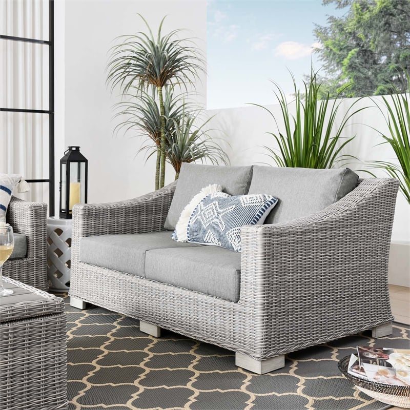 Afuera Living Light Gray Rattan Patio Loveseat with Cushioned Seating