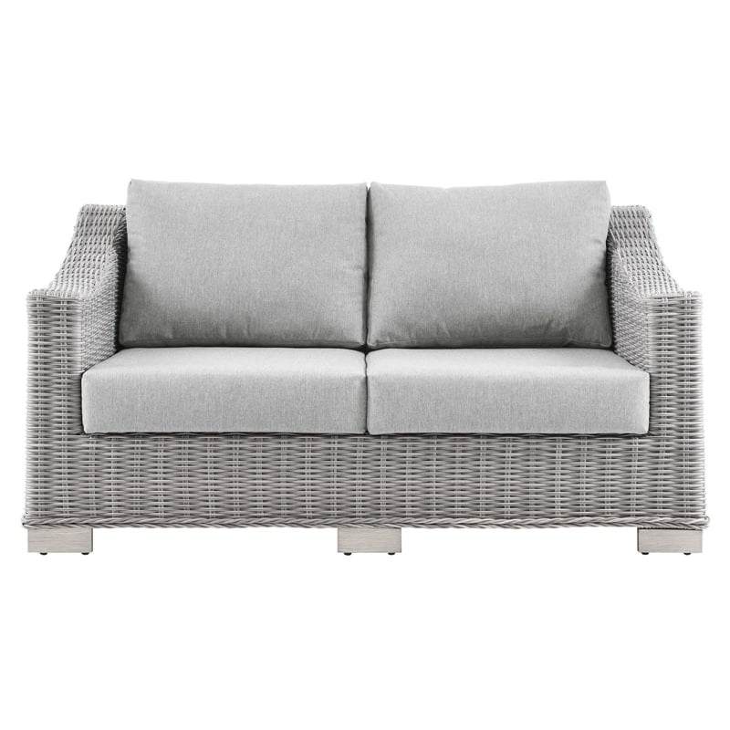 Afuera Living Light Gray Rattan Patio Loveseat with Cushioned Seating