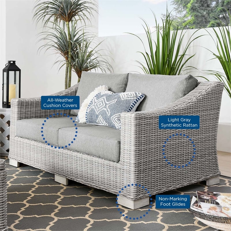 Afuera Living Light Gray Rattan Patio Loveseat with Cushioned Seating