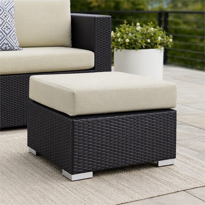 Afuera Living Square Rattan Patio Ottoman in Espresso/Beige