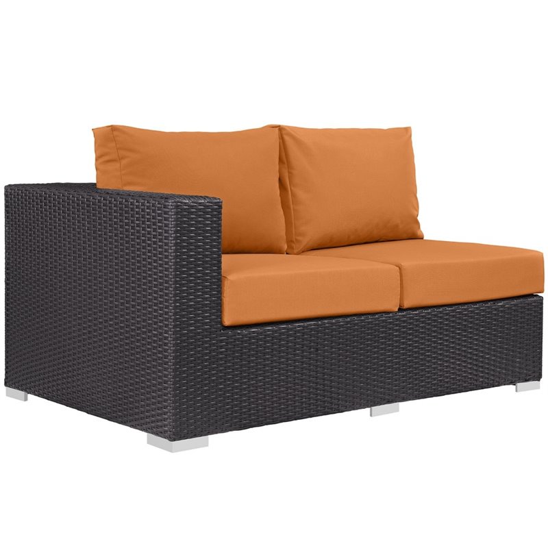 Afuera Living Wicker Rattan Outdoor Patio Left Arm Loveseat in Espresso Orange