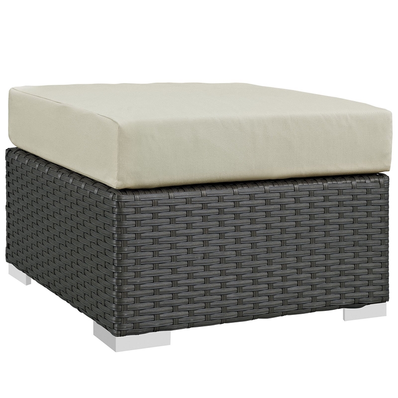 Afuera Living Patio Ottoman with Rattan Weave in Canvas Antique Beige