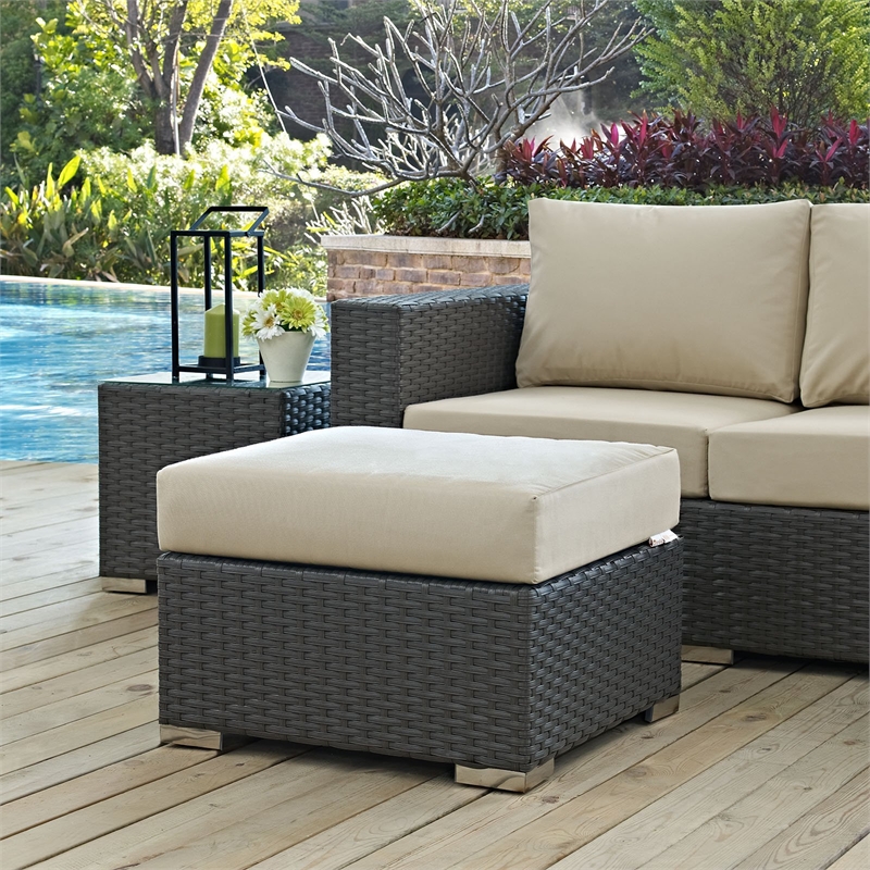 Afuera Living Patio Ottoman with Rattan Weave in Canvas Antique Beige