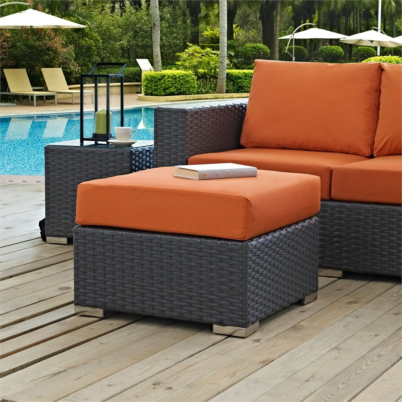 Afuera Living Patio Ottoman with Rattan Weave in Canvas Tuscan