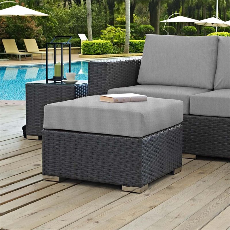 Afuera Living Patio Ottoman with Rattan Weave in Canvas Gray