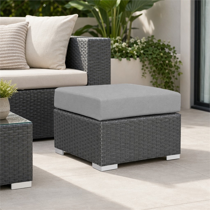 Afuera Living Patio Ottoman with Rattan Weave in Canvas Gray