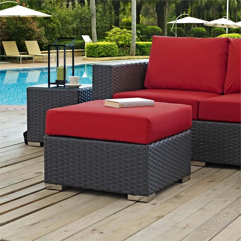 Afuera Living Patio Ottoman with Rattan Weave in Canvas Red